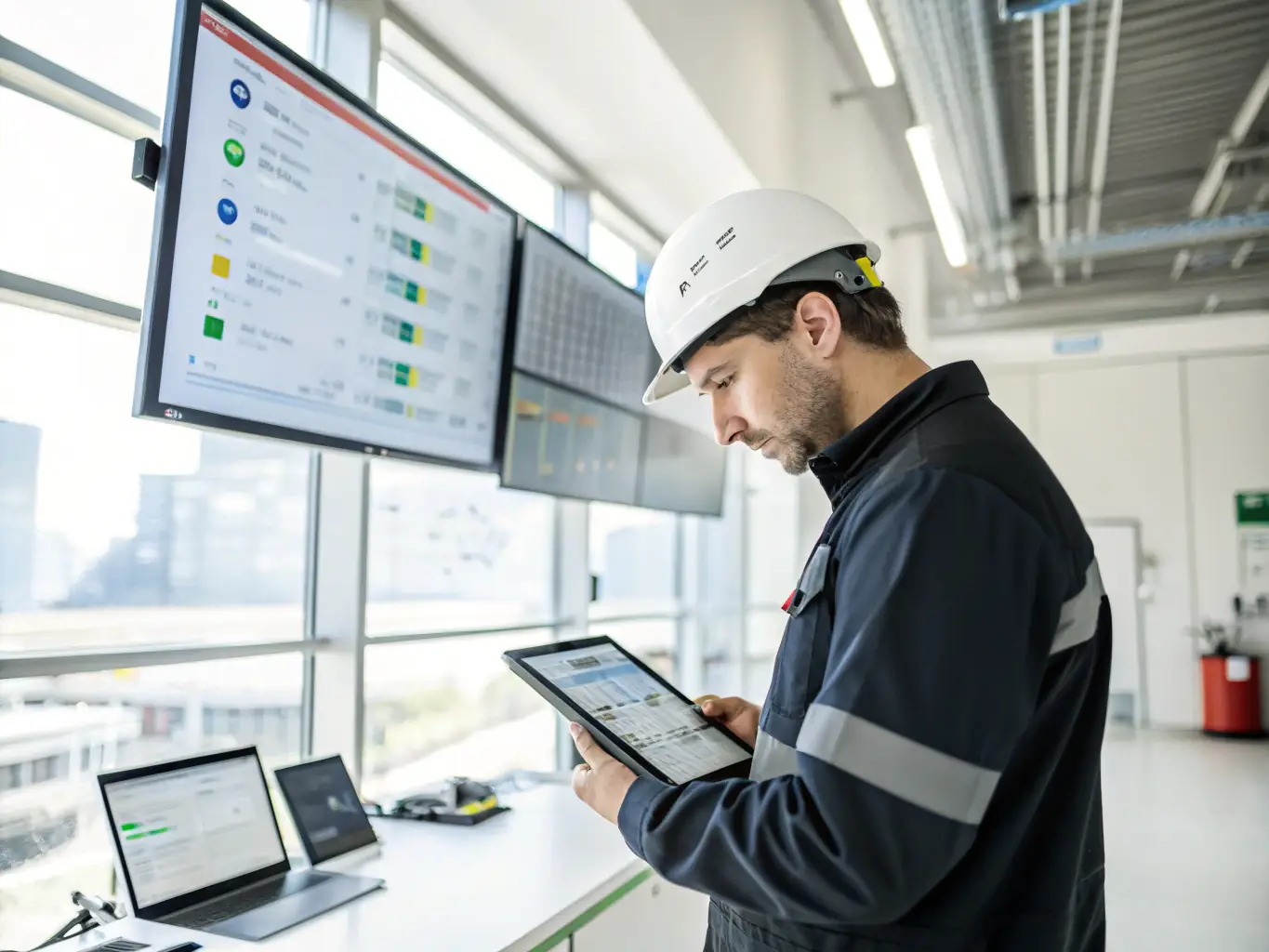A digital illustration showing a streamlined maintenance workflow, with AI prioritizing and assigning tasks to maintenance personnel.
