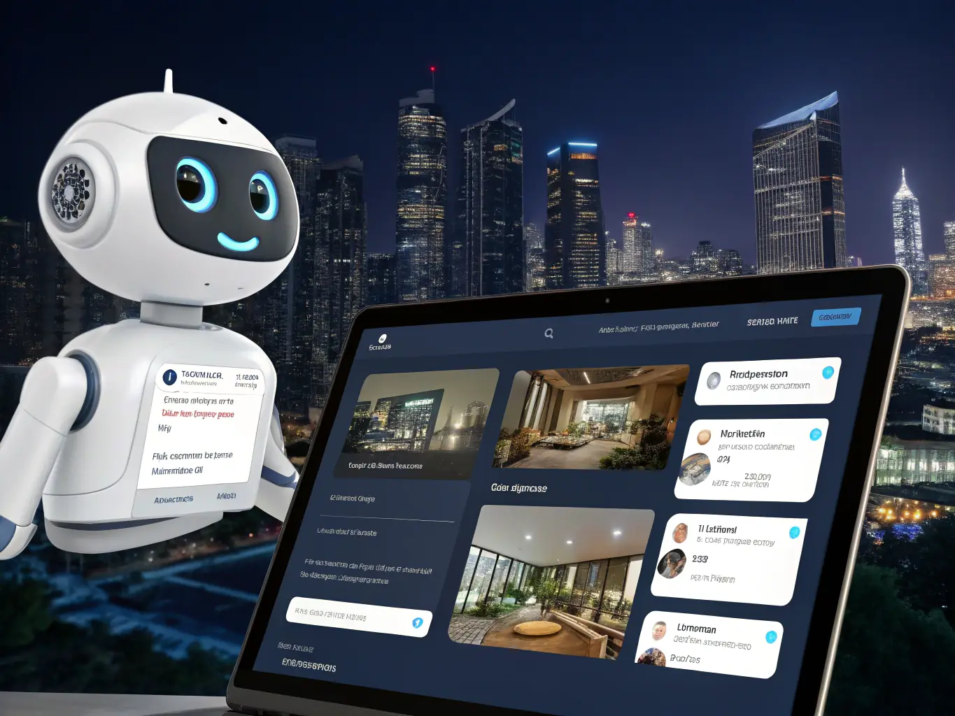 A digital illustration depicting a chatbot interface seamlessly integrated into a property management platform, showing automated responses to tenant inquiries.